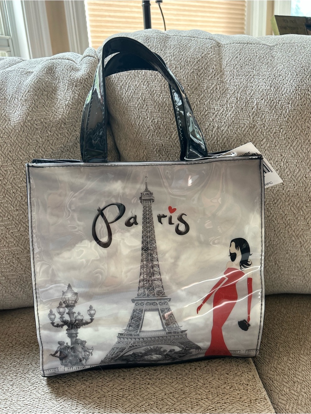 NWT Paris Eiffel Tower Graphic Tote Bag Red Accent Shiny Patent Leather France